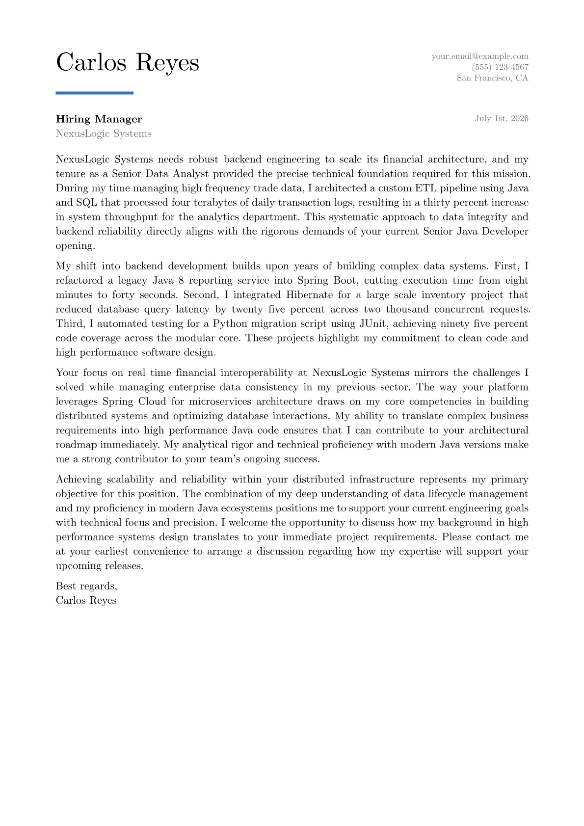 Senior Java Developer cover letter in the Executive design