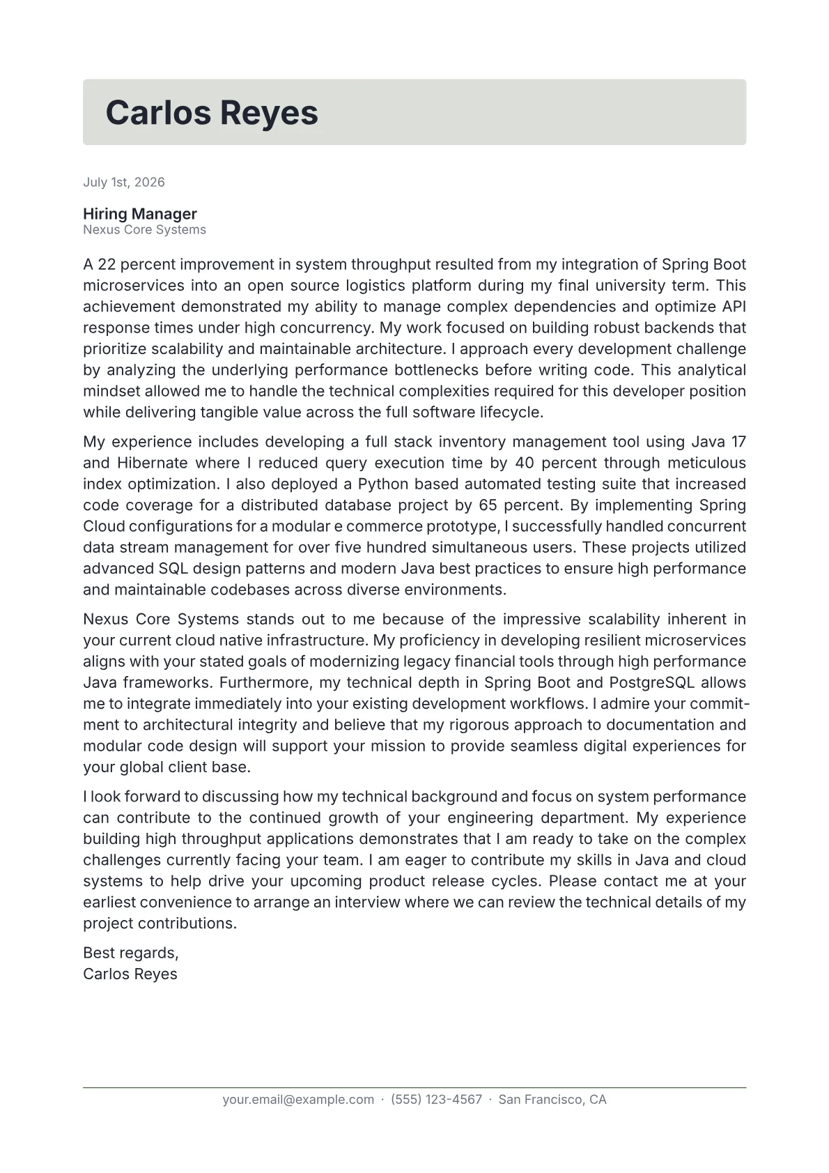 Senior Java Developer cover letter in the Letterhead design