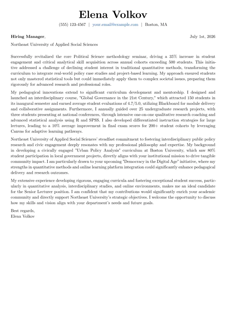 Senior Lecturer cover letter example preview