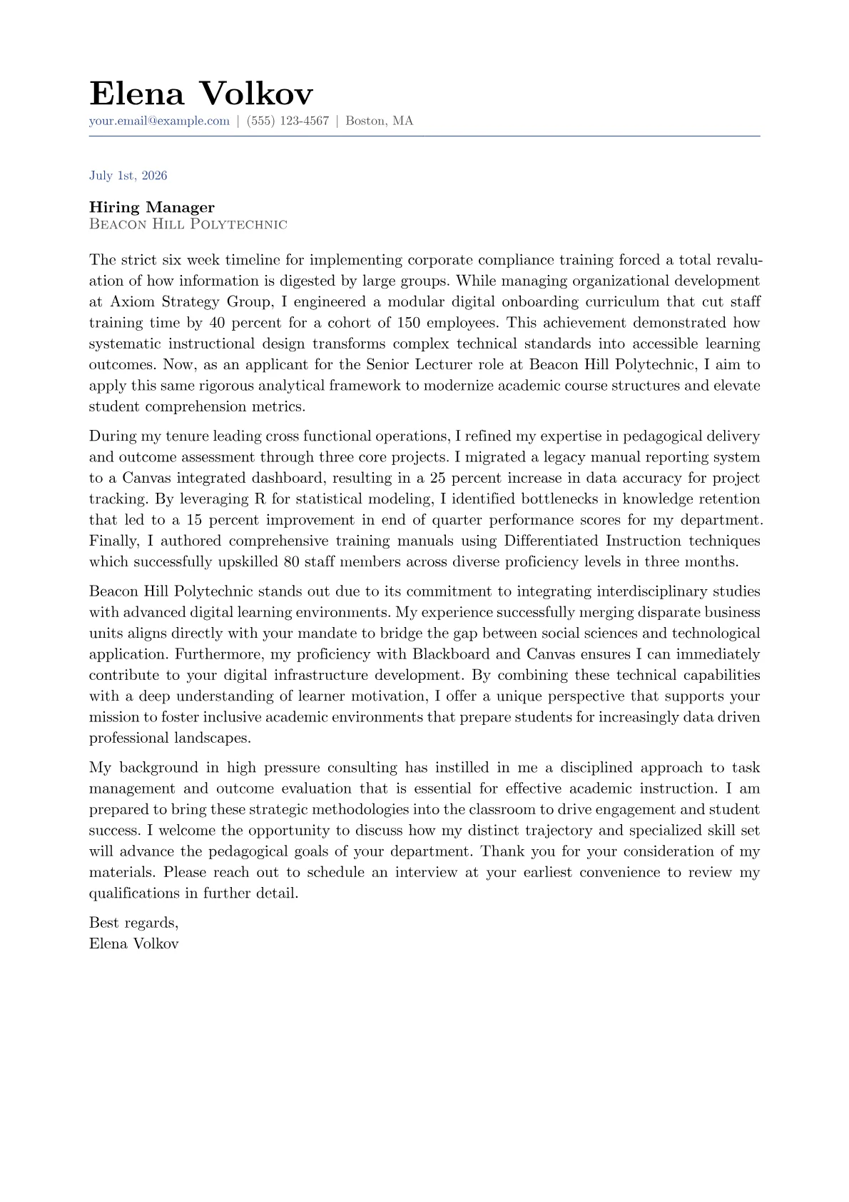 Senior Lecturer cover letter in the Classic design