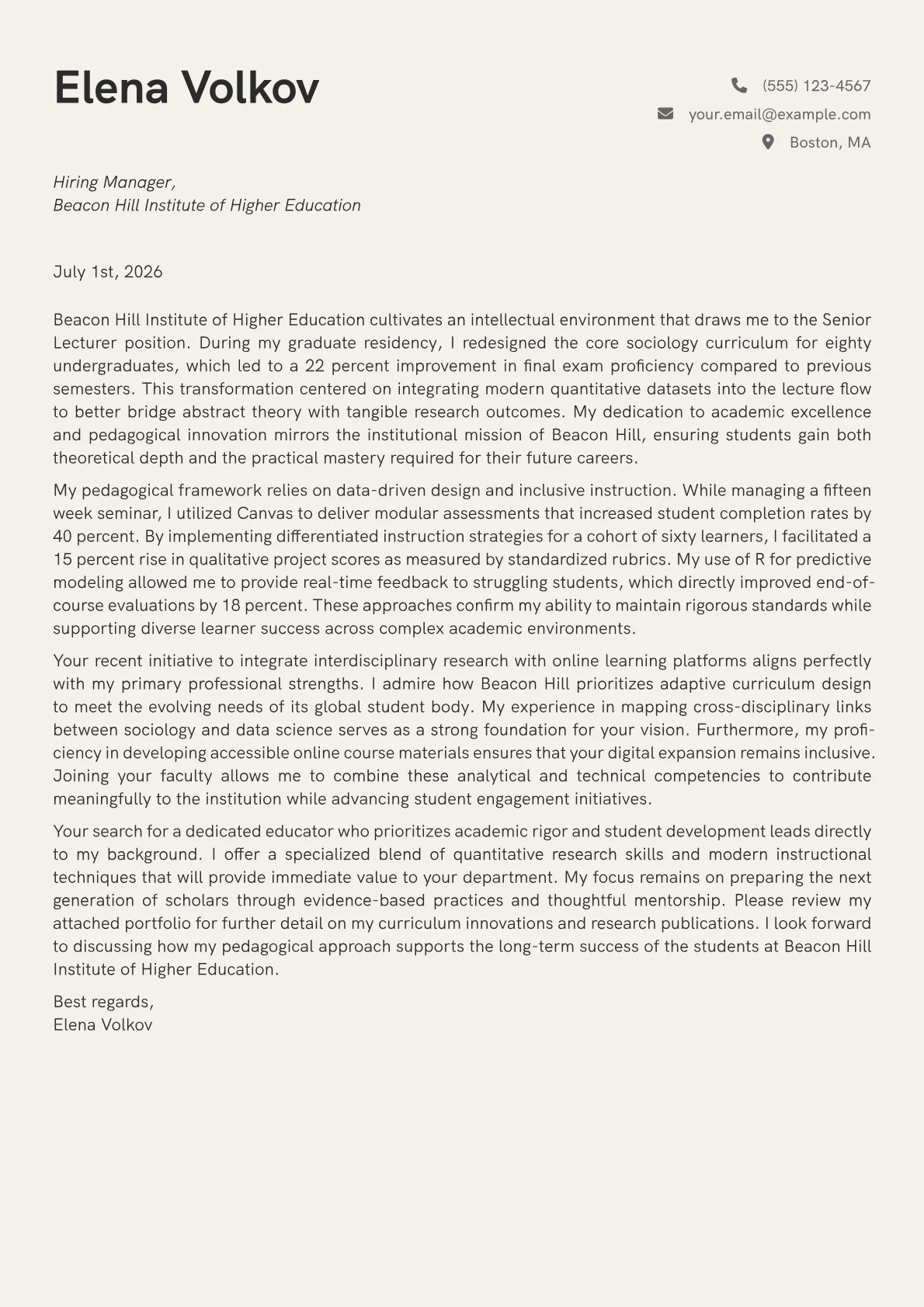 Senior Lecturer cover letter in the Creative design