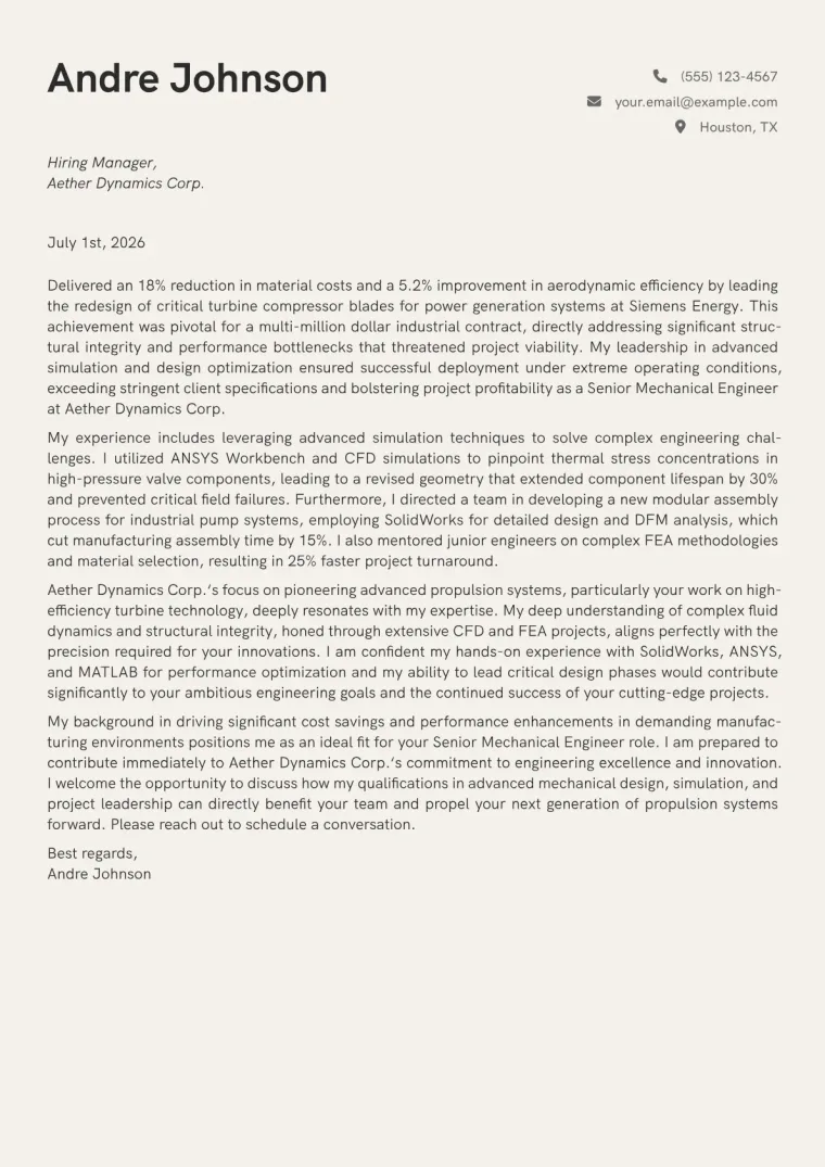 Senior Mechanical Engineer Cover Letter Example