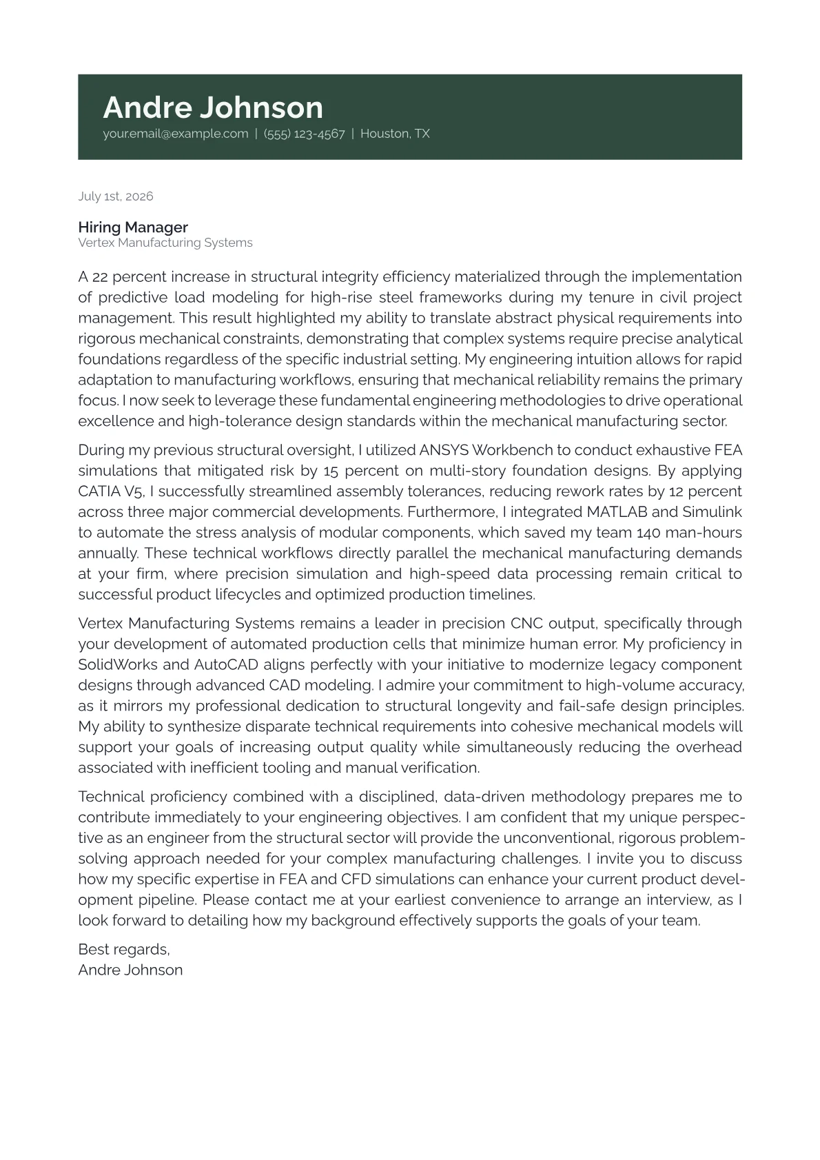 Senior Mechanical Engineer cover letter in the Banner design