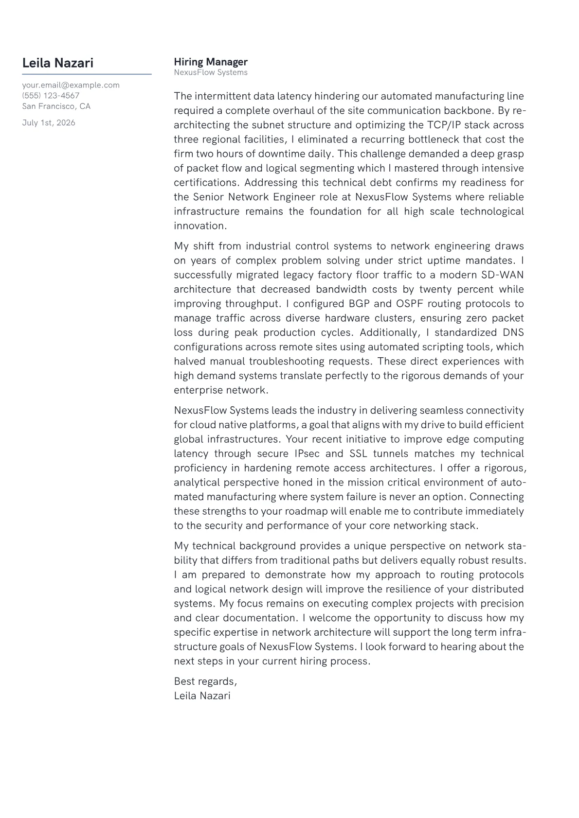 Senior Network Engineer cover letter in the Margin design
