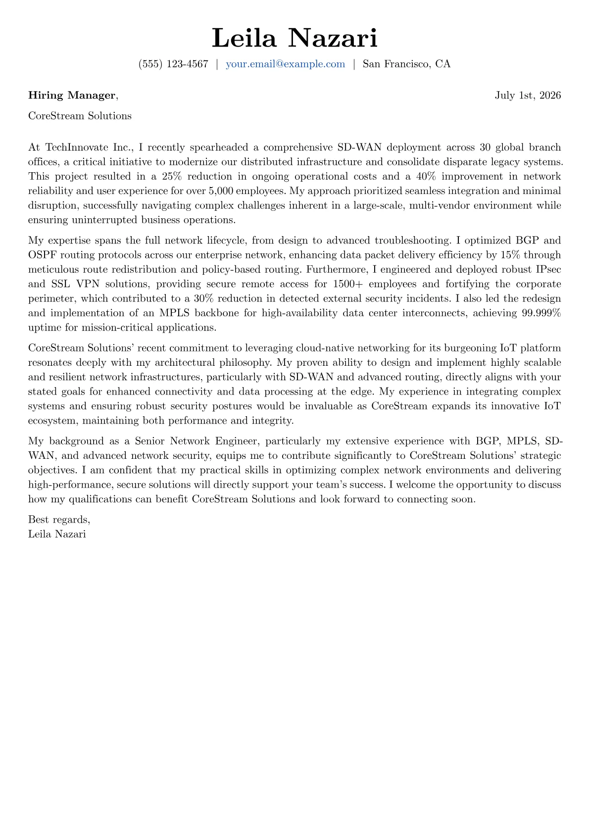 Senior Network Engineer cover letter formatted with a JobSprout template