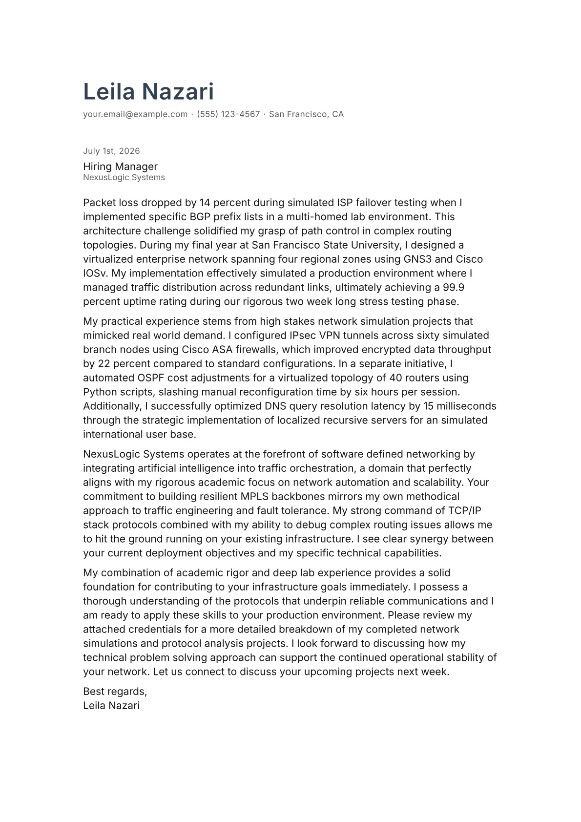 Senior Network Engineer cover letter in the Minimal design