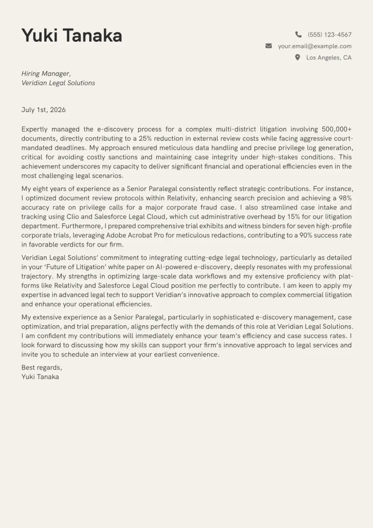 Senior Paralegal cover letter example preview