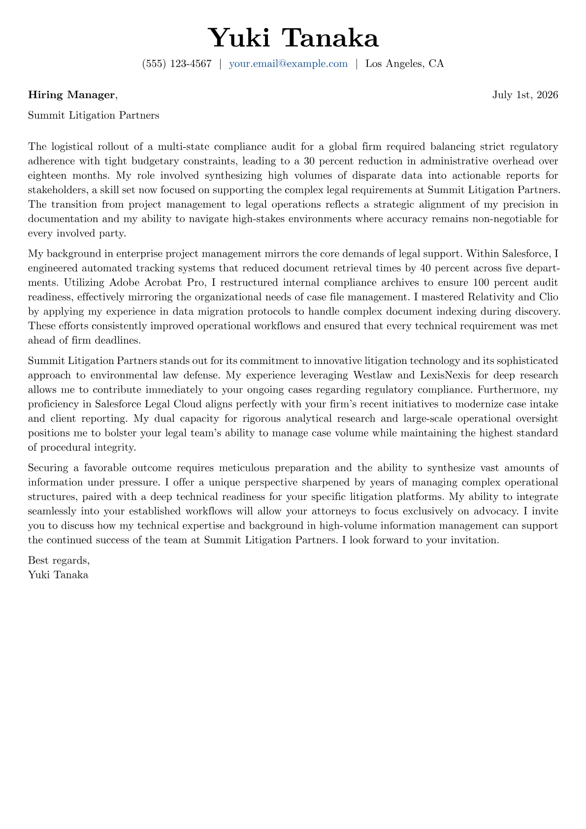Senior Paralegal cover letter in the Basic design