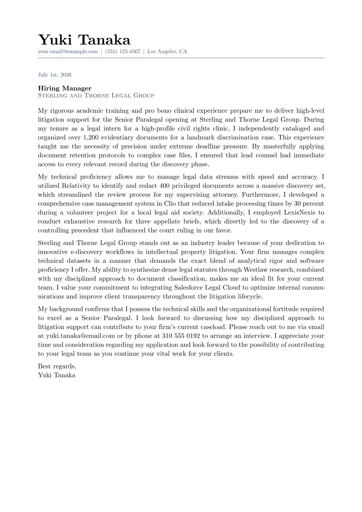Senior Paralegal cover letter in the Classic design