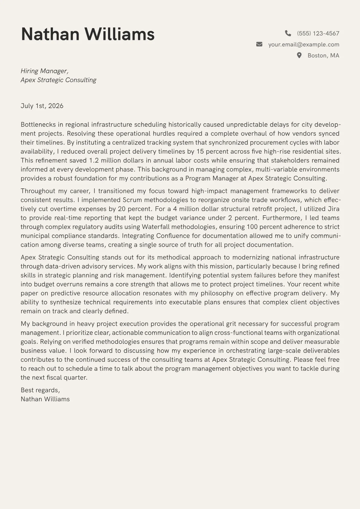 Senior Program Manager cover letter in the Creative design