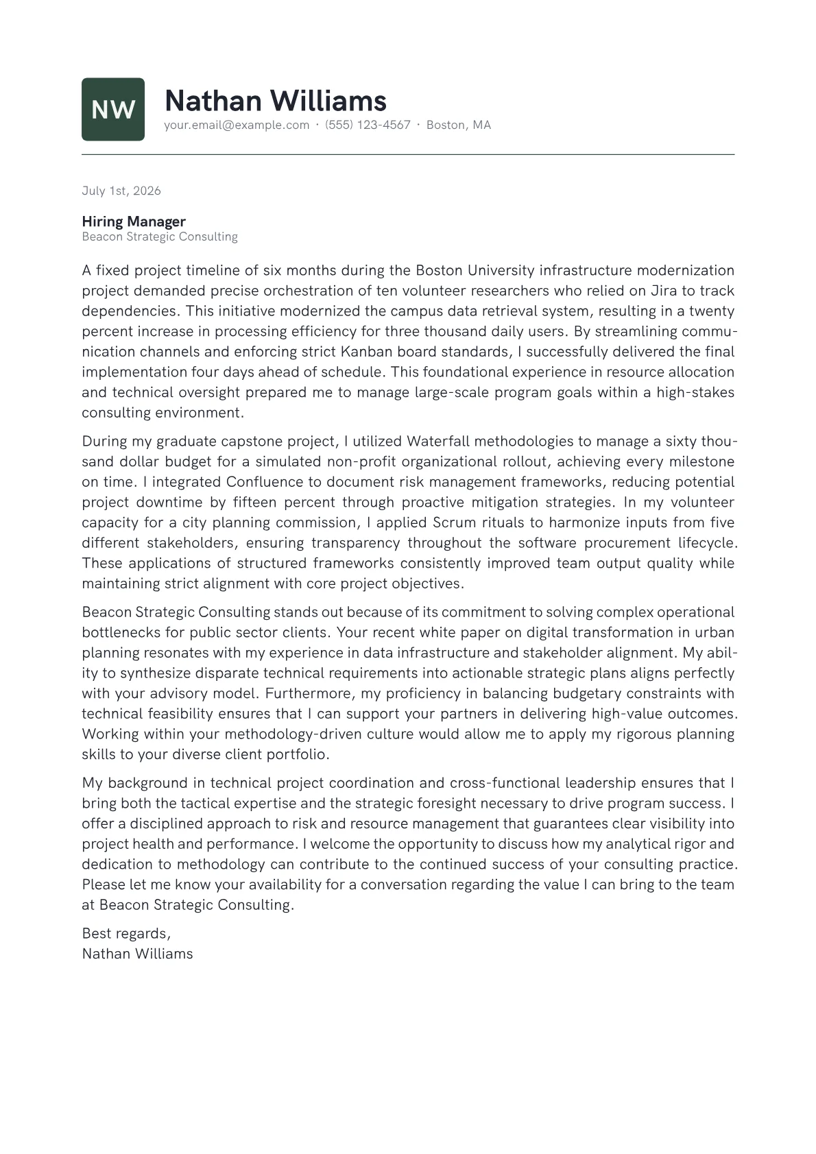 Senior Program Manager cover letter in the Emblem design