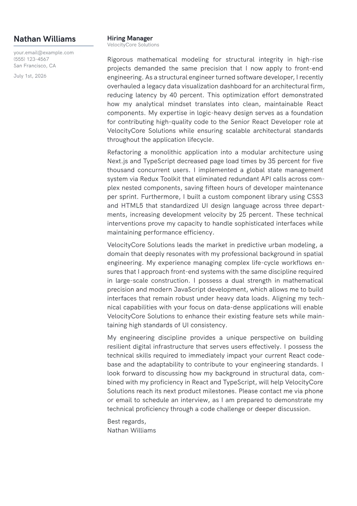 Senior React Developer cover letter in the Margin design