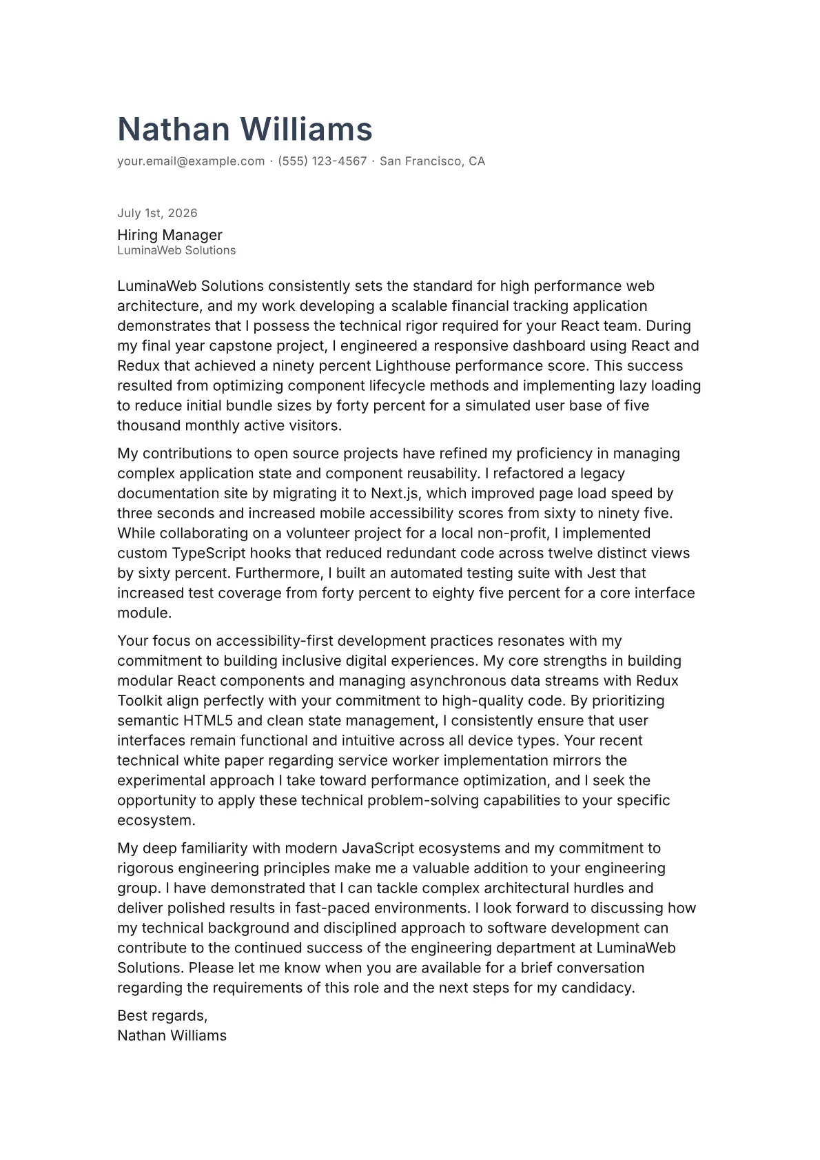 Senior React Developer cover letter in the Minimal design