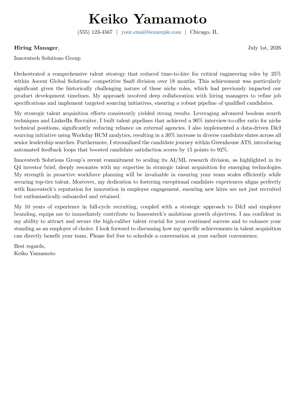 Senior Recruiter cover letter formatted with a JobSprout template