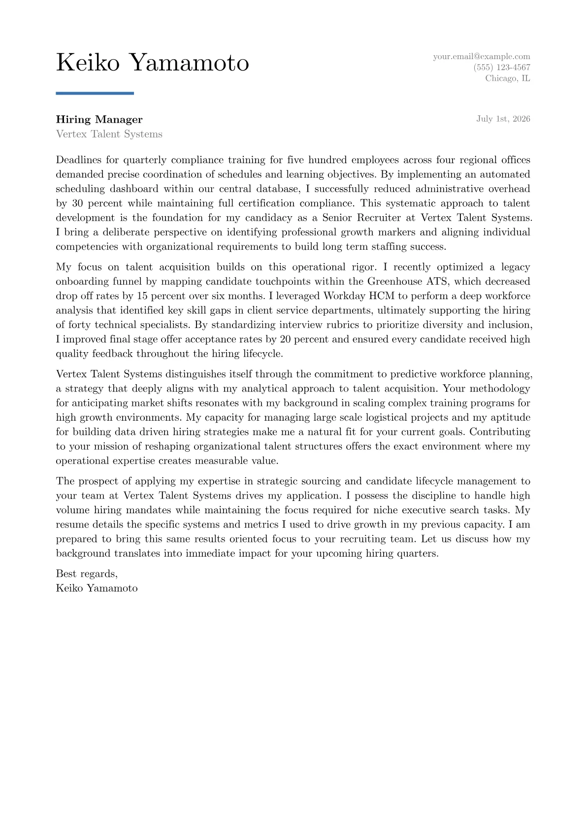 Senior Recruiter cover letter in the Executive design