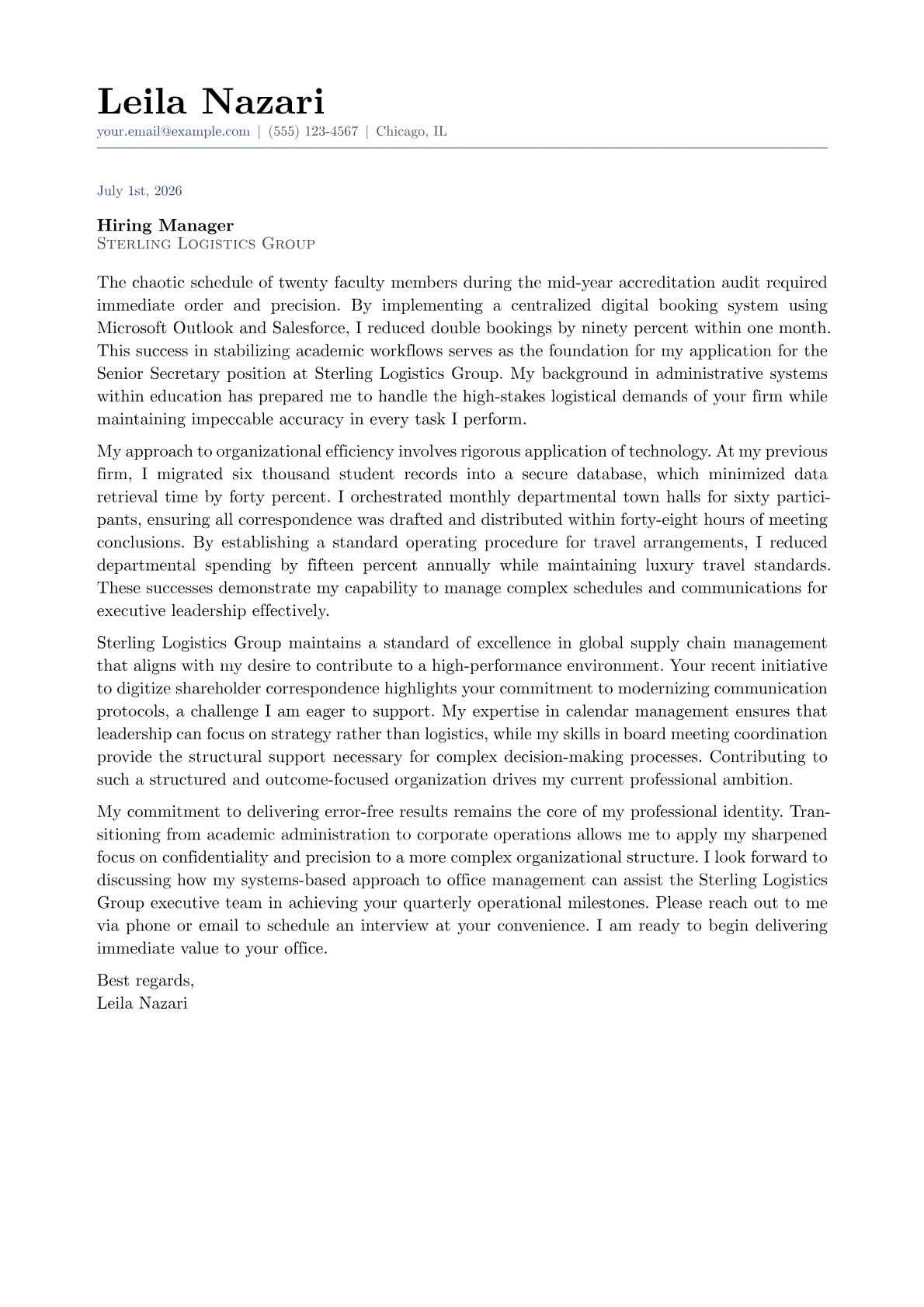 Logistical Email Examples Senior Secretary Cover Letter Example + Template (2026)