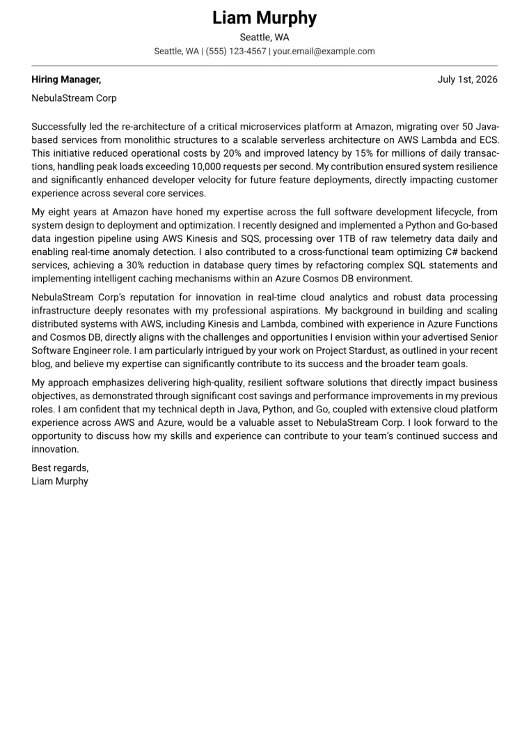 Senior Software Engineer cover letter example preview