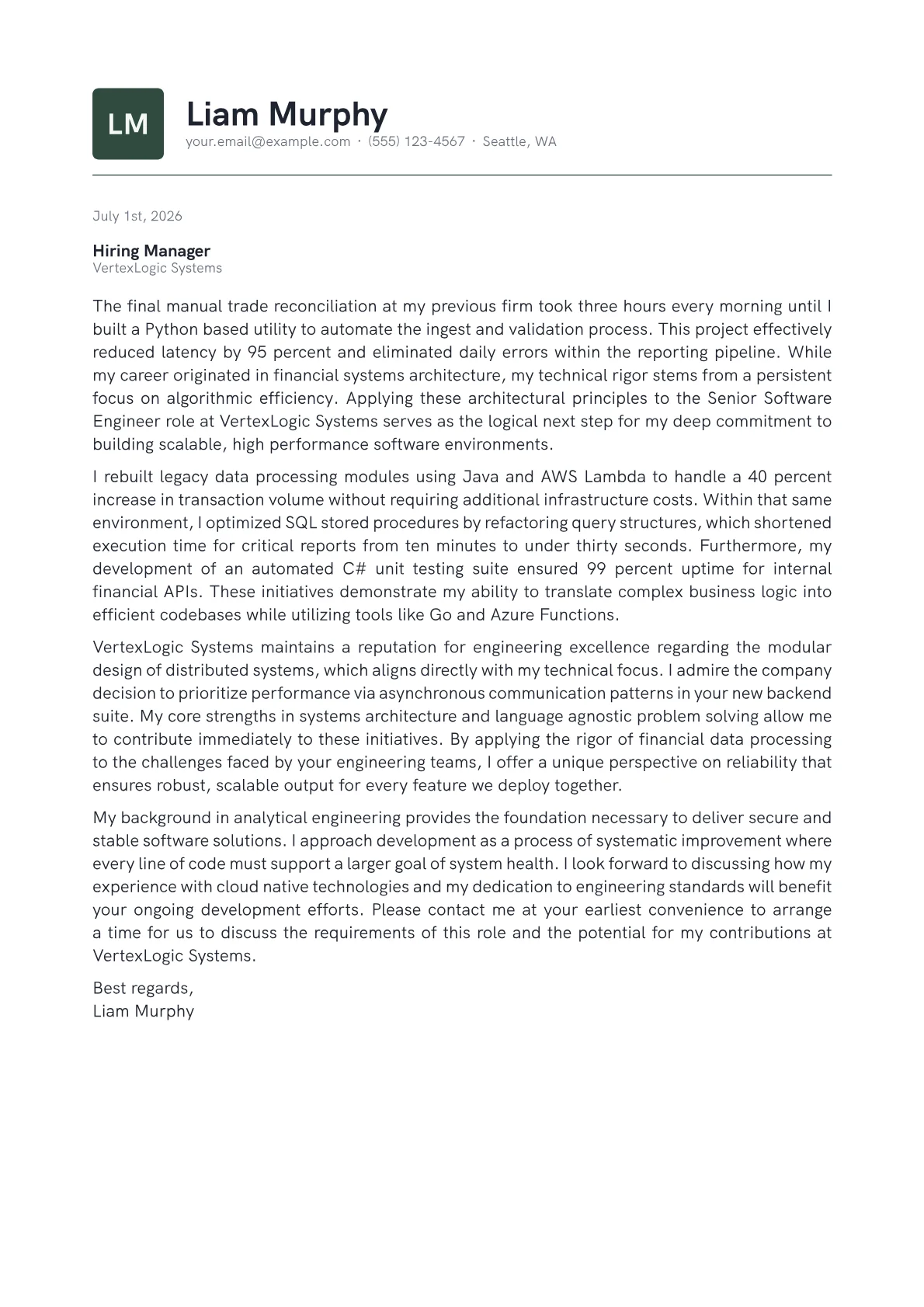 Senior Software Engineer cover letter in the Emblem design