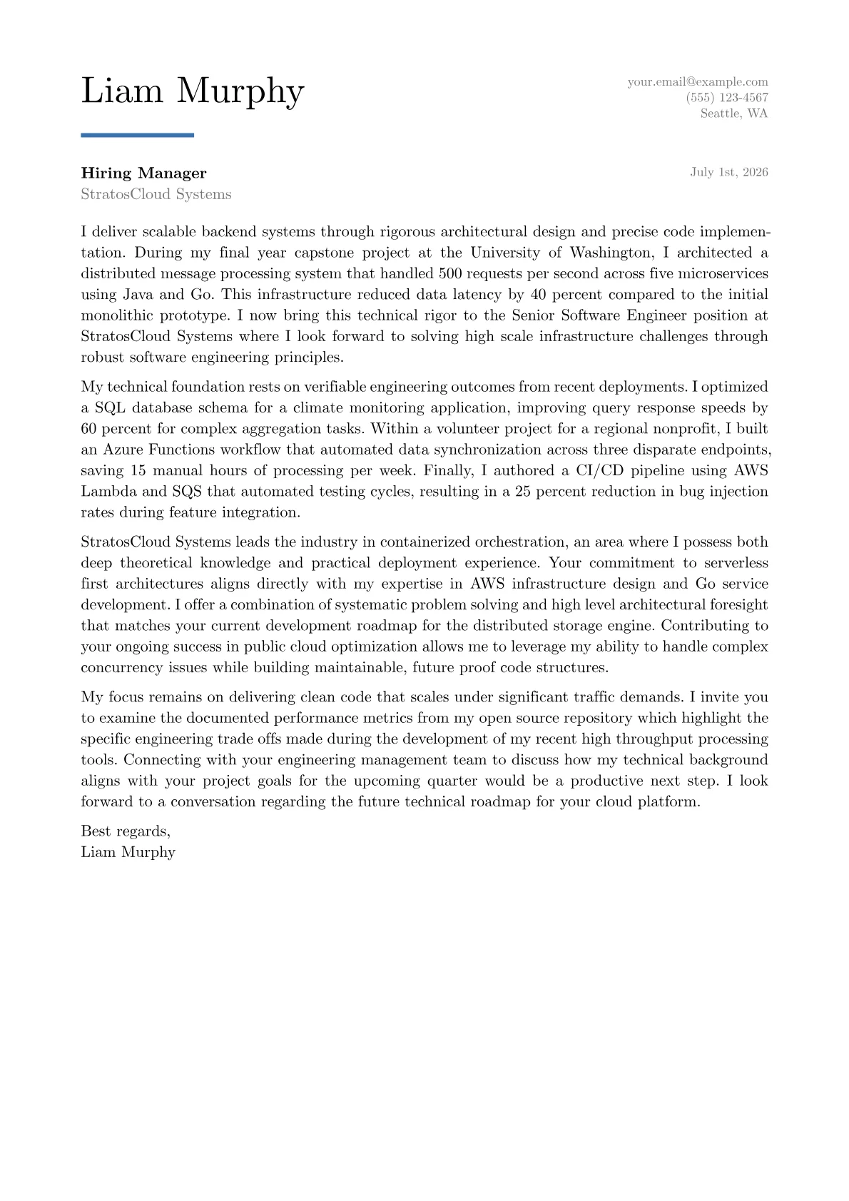 Senior Software Engineer cover letter in the Executive design