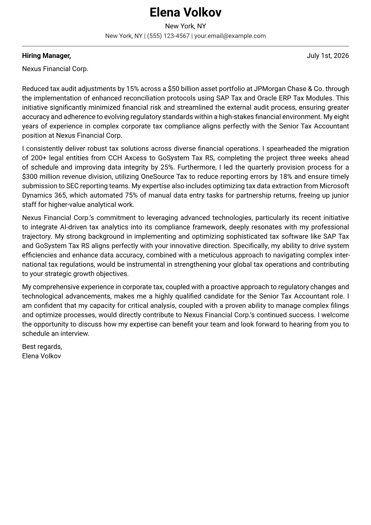Senior Tax Accountant cover letter formatted with a JobSprout template