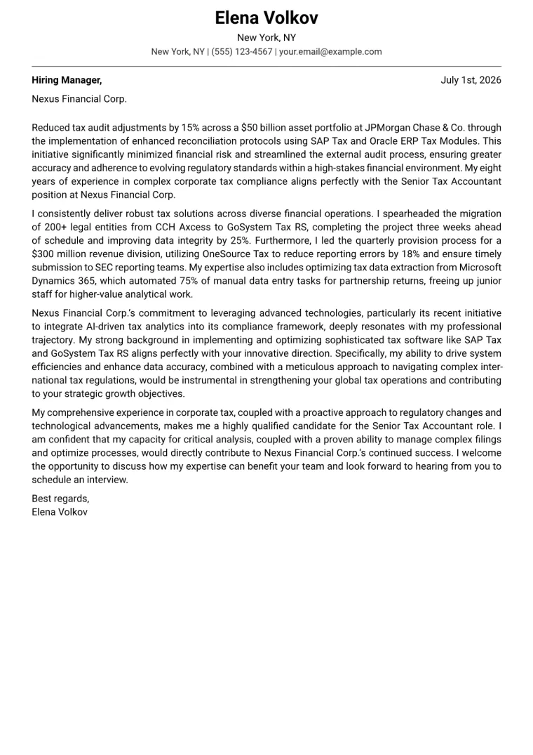 Senior Tax Accountant cover letter example preview
