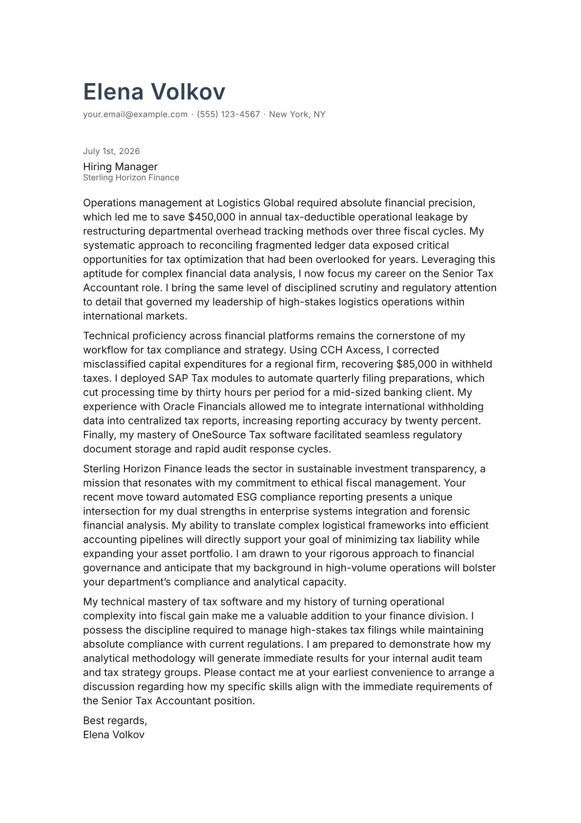 Senior Tax Accountant cover letter in the Minimal design