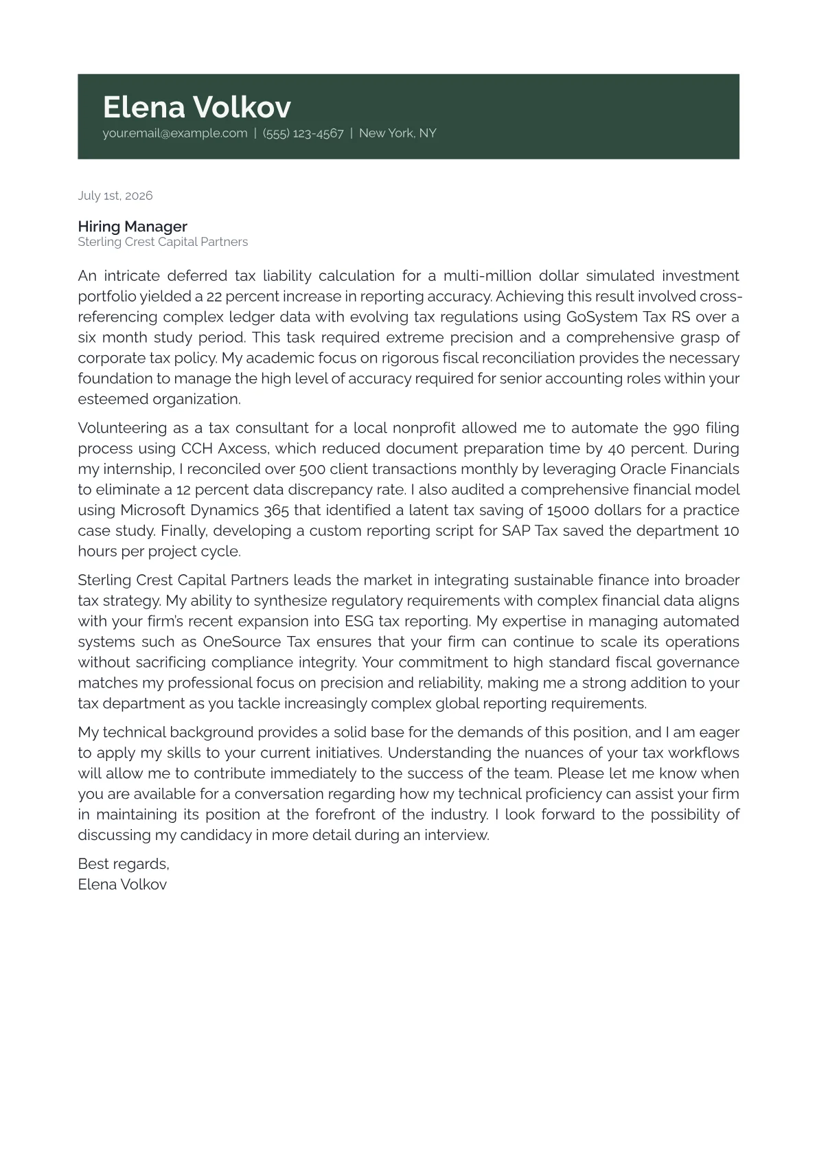Senior Tax Accountant cover letter in the Banner design