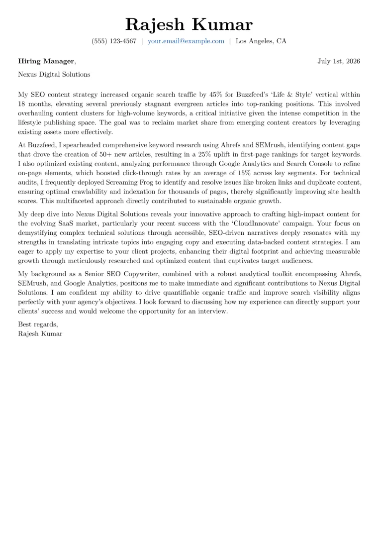 SEO Copywriter Cover Letter Example