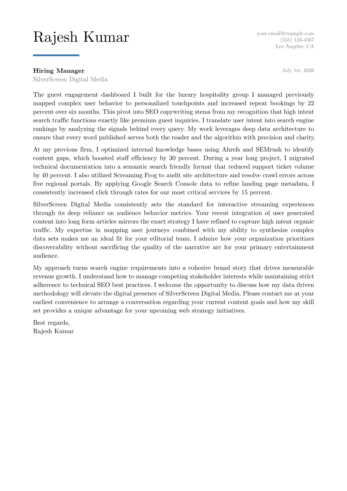 SEO Copywriter cover letter in the Executive design