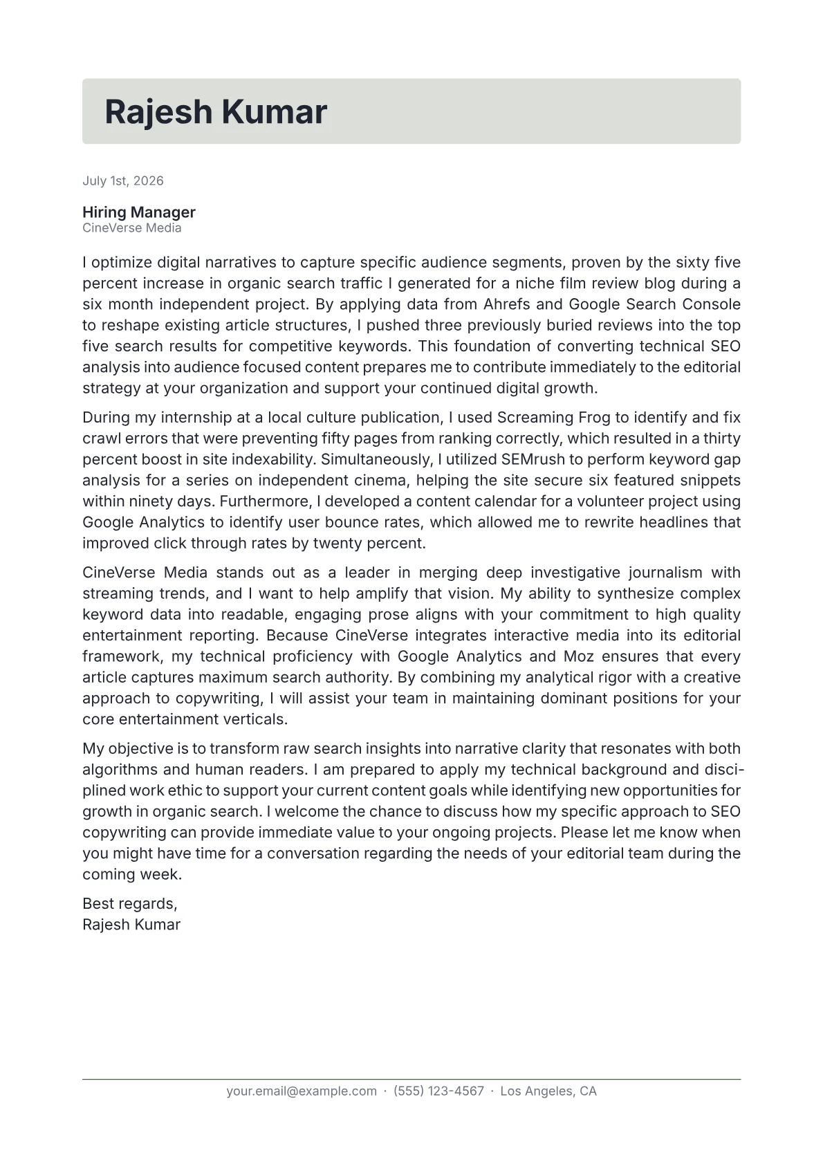 SEO Copywriter cover letter in the Letterhead design