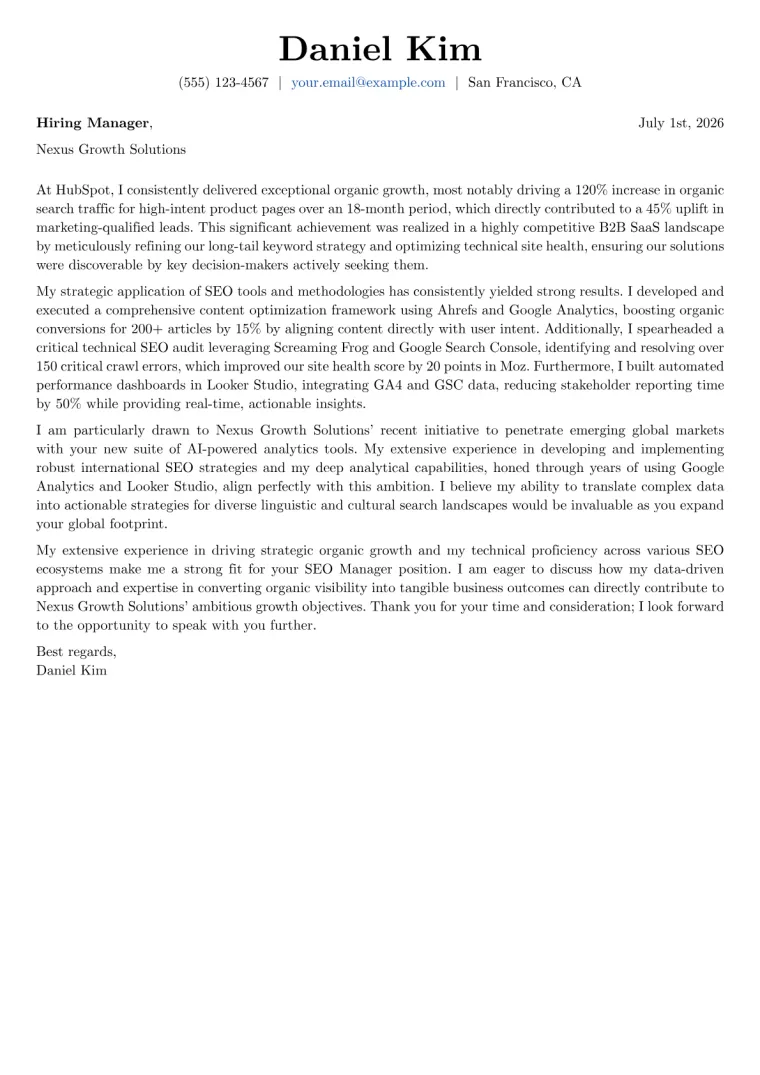 SEO Manager Cover Letter Example