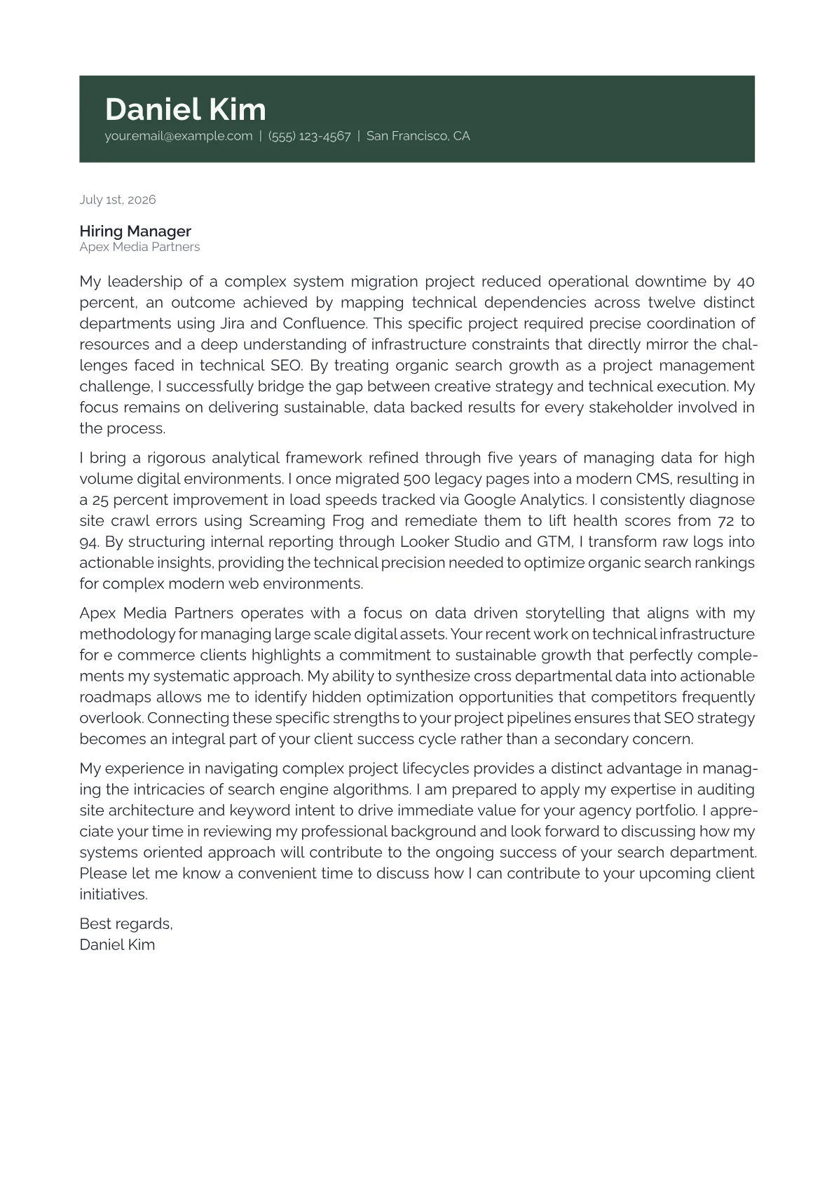 SEO Manager cover letter in the Banner design