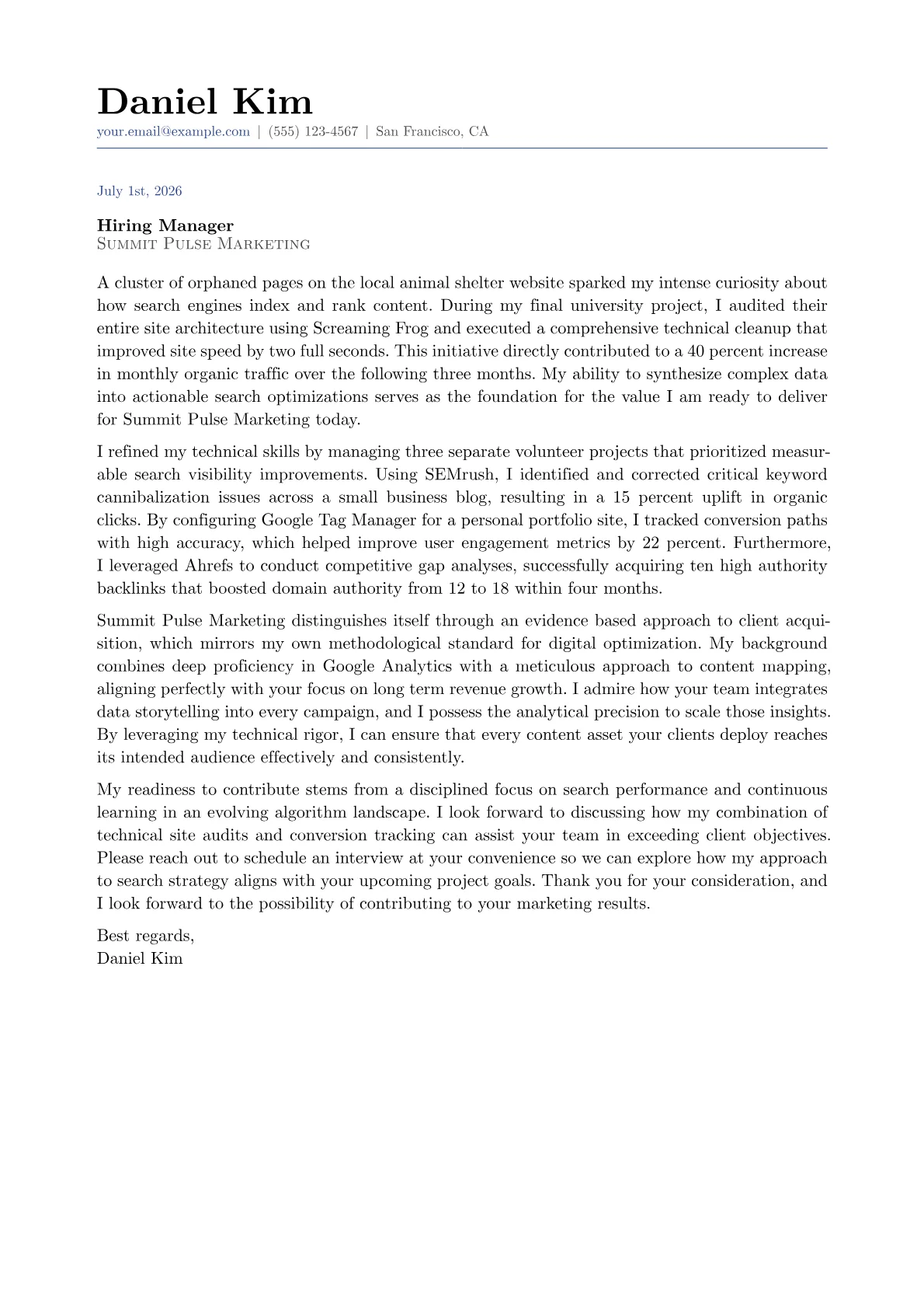 SEO Manager cover letter in the Classic design