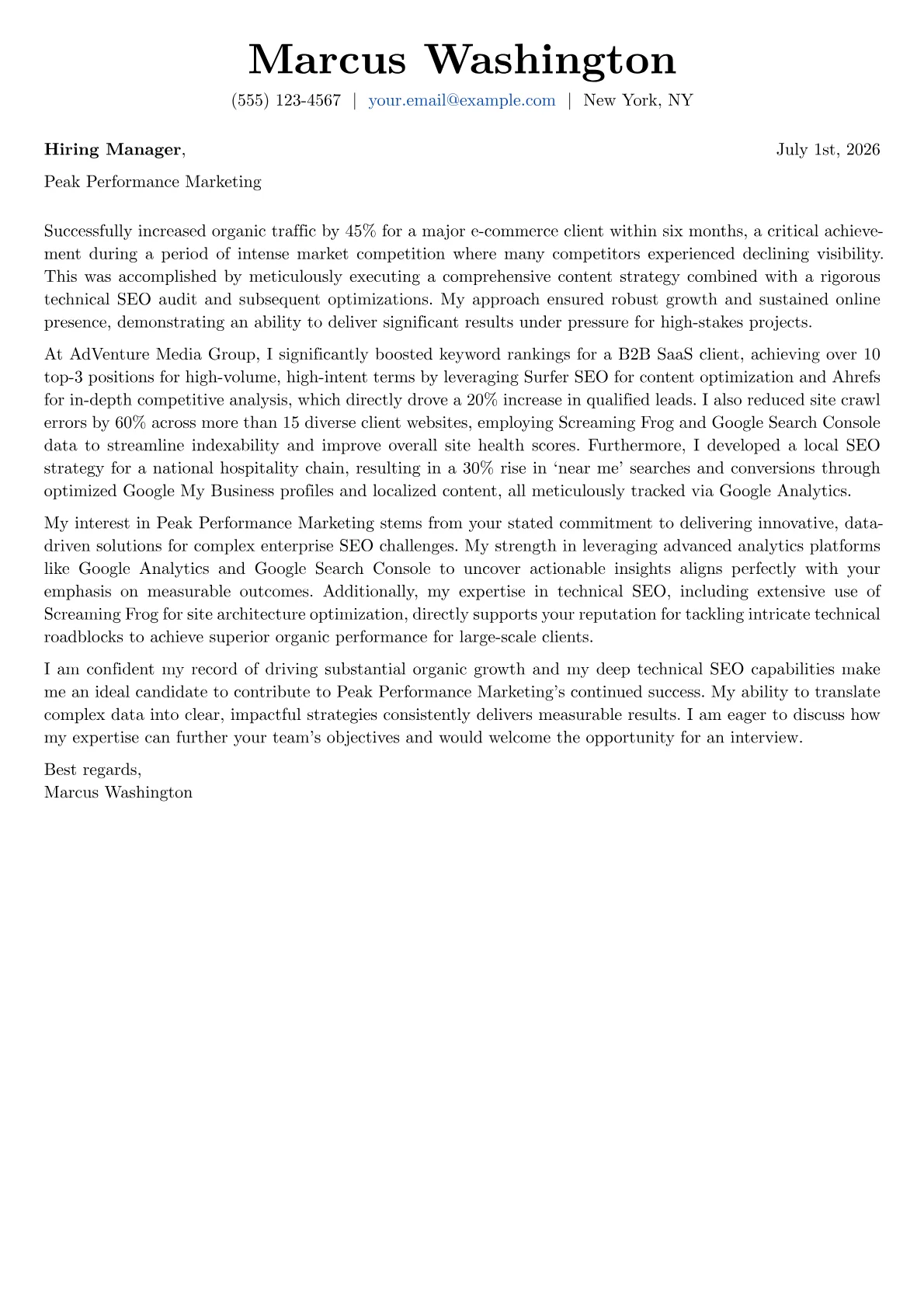 SEO Specialist cover letter formatted with a JobSprout template