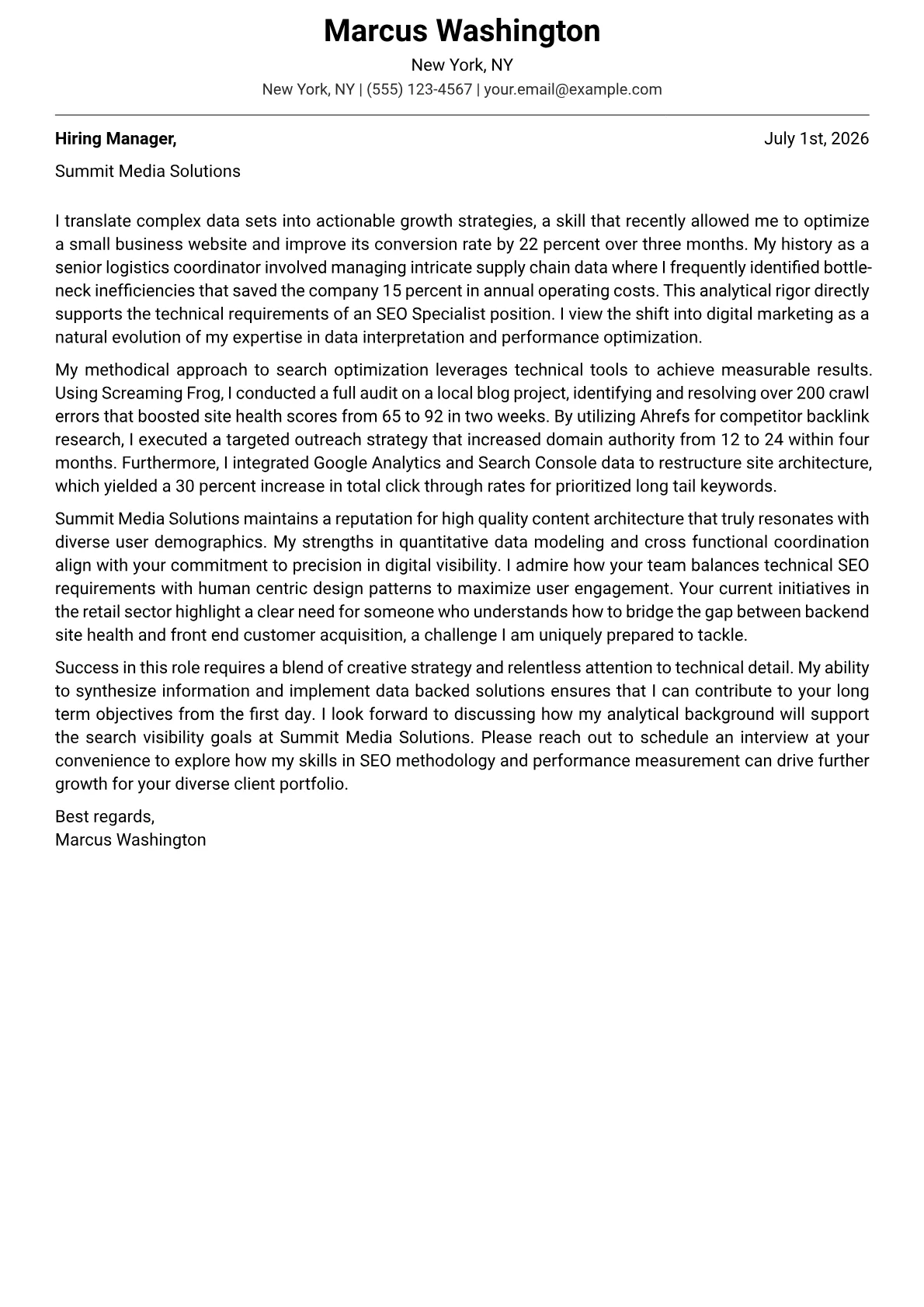 SEO Specialist cover letter in the Modern design