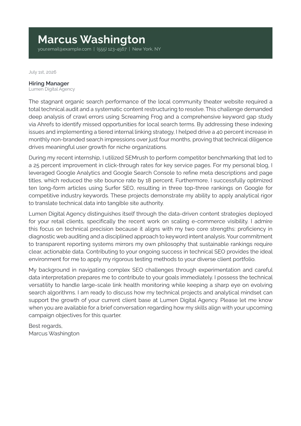SEO Specialist cover letter in the Banner design