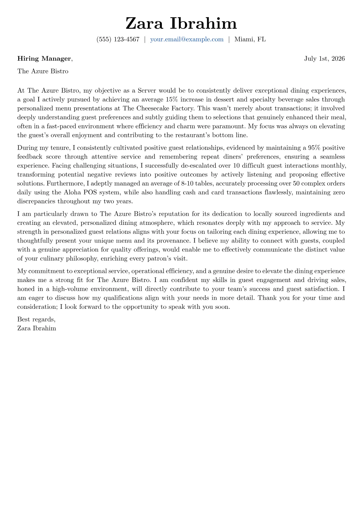 Server cover letter formatted with a JobSprout template