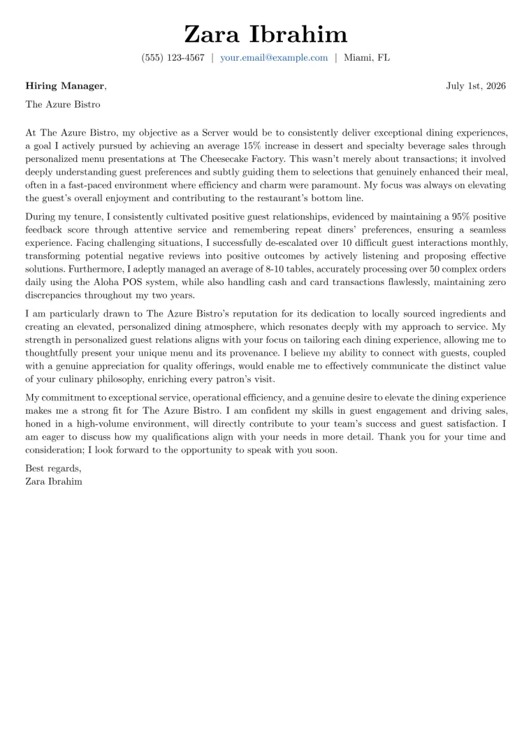 Server Cover Letter Example