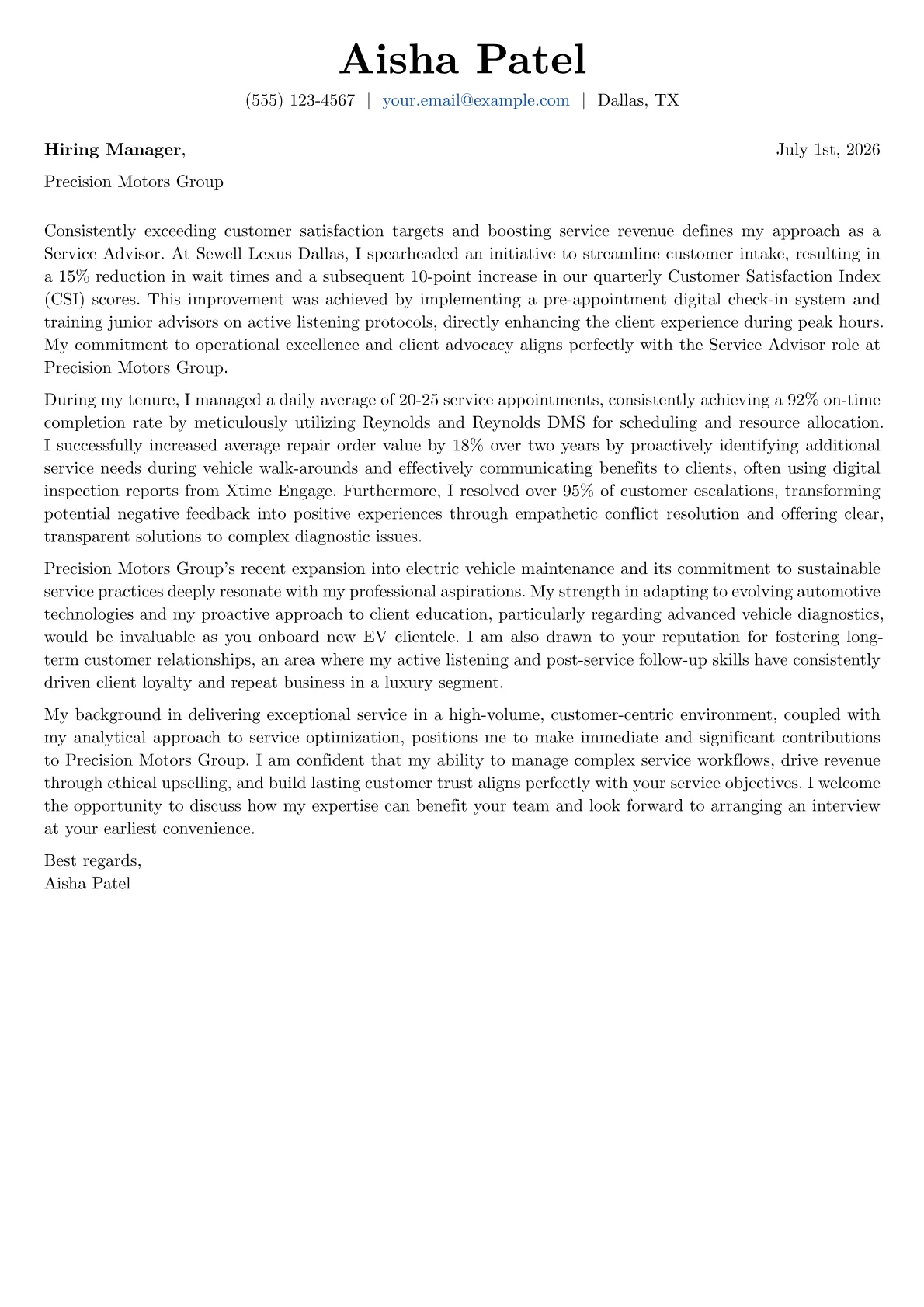 Service Advisor cover letter formatted with a JobSprout template
