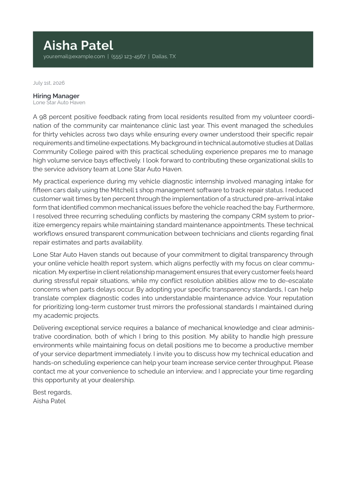 Service Advisor cover letter in the Banner design