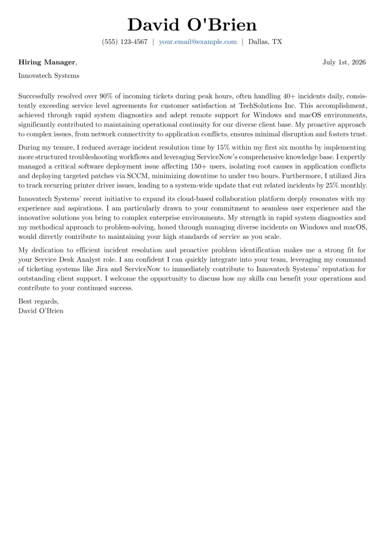 Service Desk Analyst Cover Letter Example