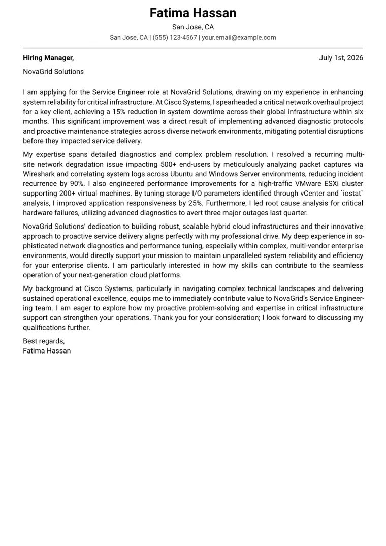 Service Engineer Cover Letter Example