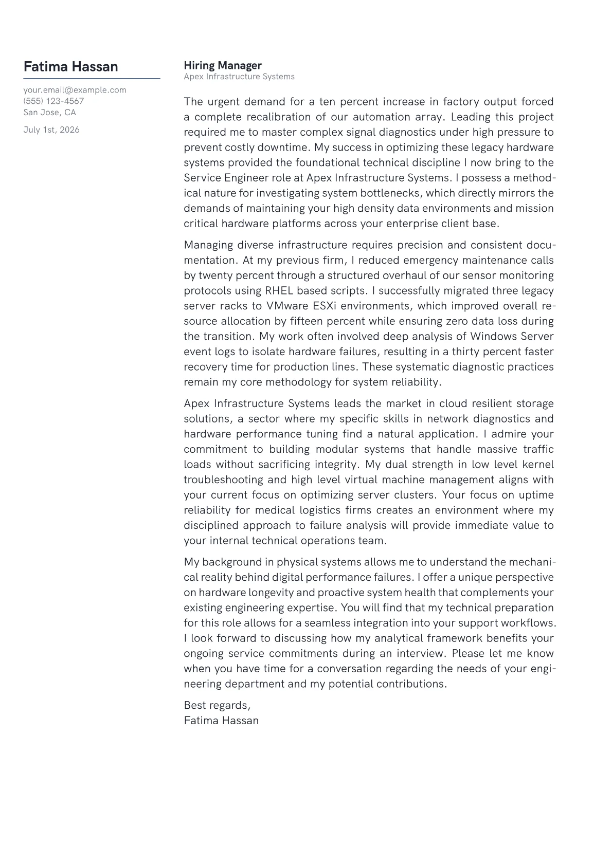 Service Engineer cover letter in the Margin design