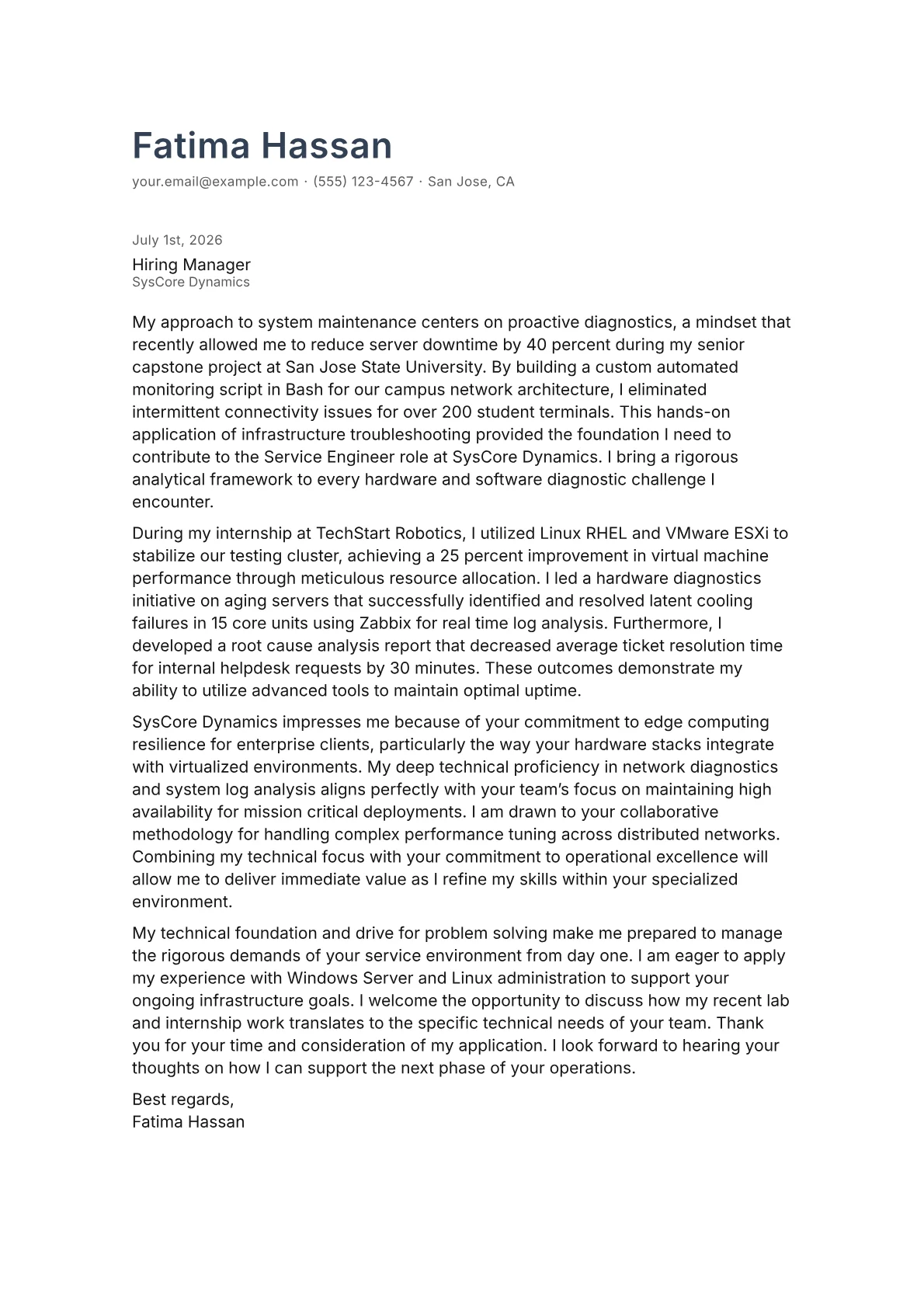 Service Engineer cover letter in the Minimal design