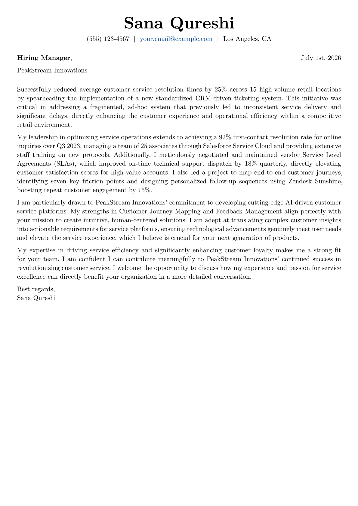 Service Manager cover letter formatted with a JobSprout template