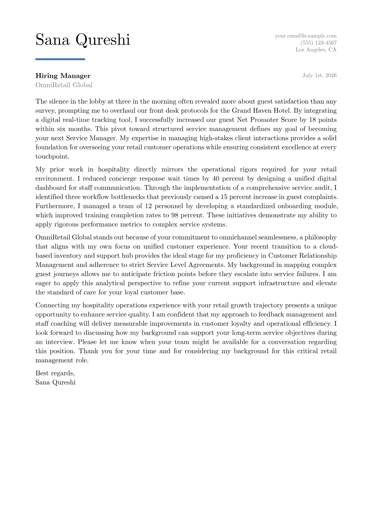 Service Manager cover letter in the Executive design