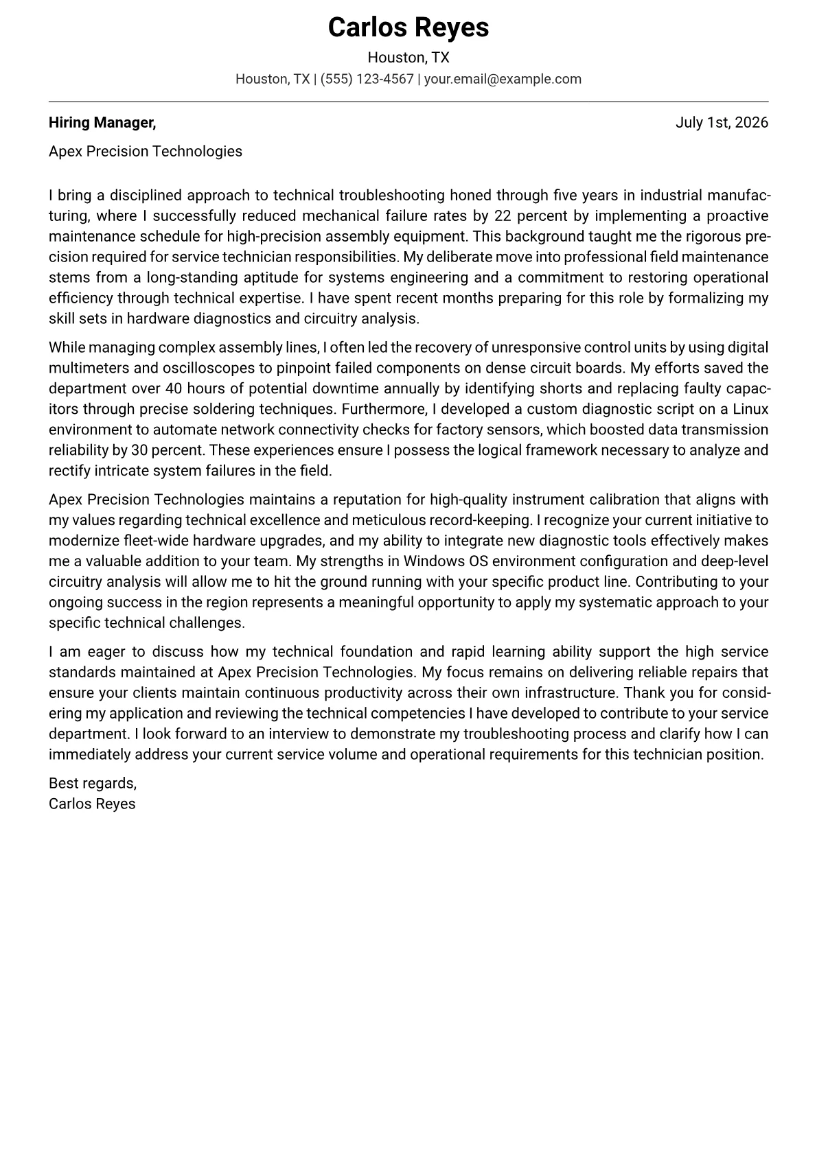Service Technician cover letter in the Modern design