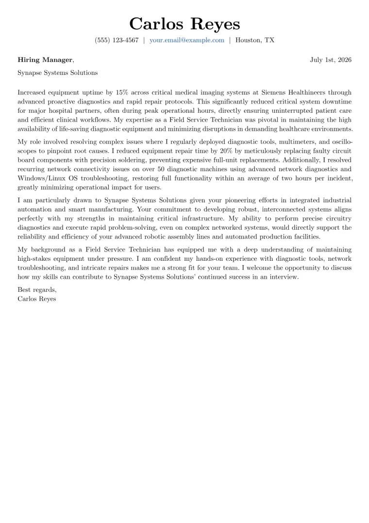 Service Technician Cover Letter Example
