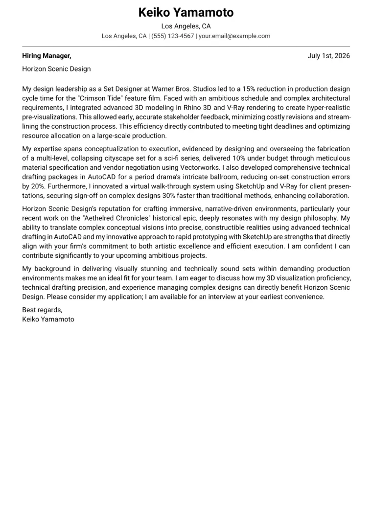 Set Designer cover letter example preview