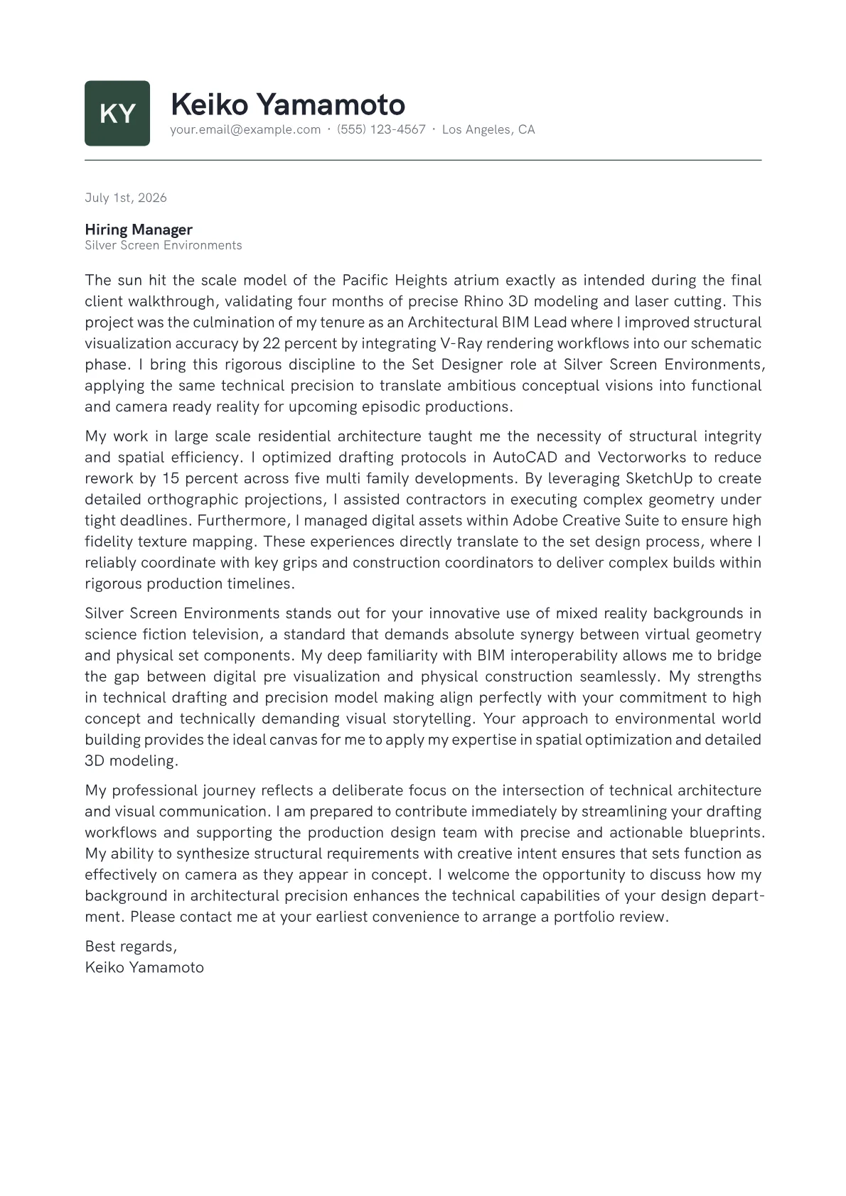 Set Designer cover letter in the Emblem design